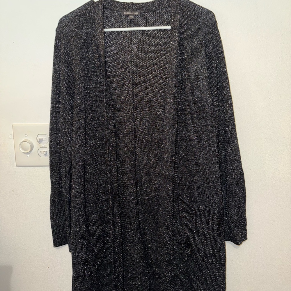 Eileen Fisher Black Long Open-Front‎ Sparkly Cardigan Women’s Size L